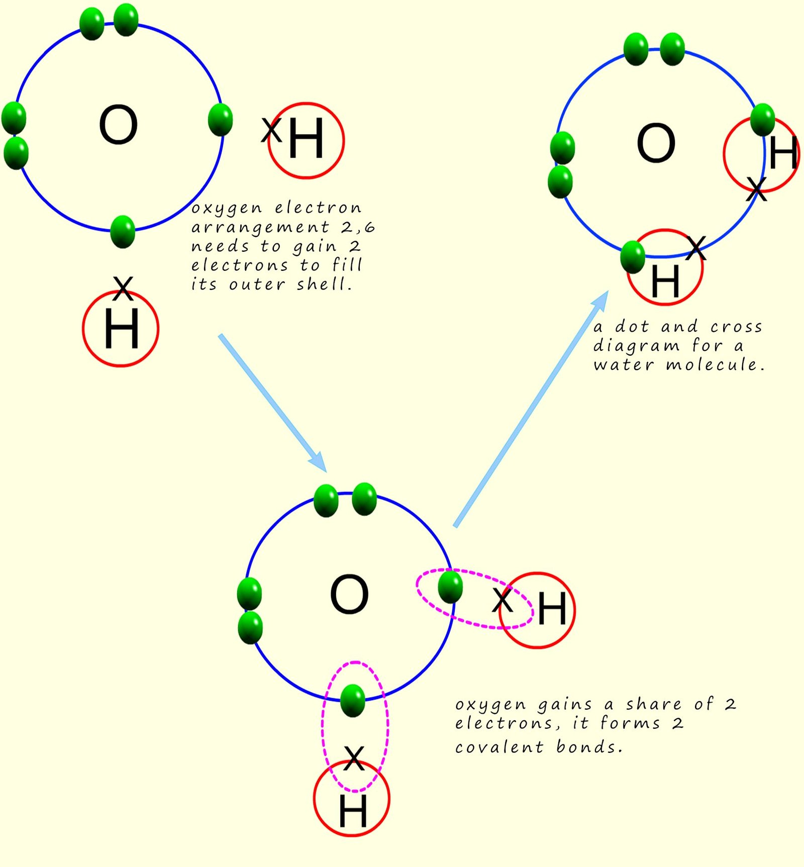 Dot and cross diagram for formation of a water molecule.